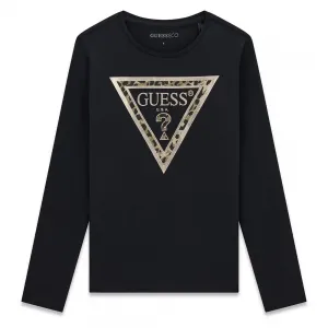 Детска блуза Guess в черно с дълъг ръкав и леопардово триъгълно лого