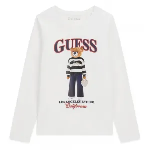 Детска блуза Guess с дълъг ръкав и мече в раиран пуловер