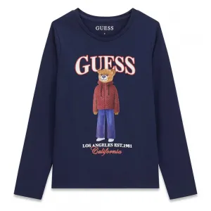 Детска блуза Guess в тъмносино с дълъг ръкав и мече в шушляково яке