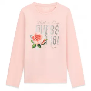 Детска памучна блуза Guess с бляскав принт и рози в пастелно розов цвят
