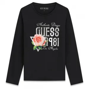 Детска памучна блуза Guess с бляскав принт и рози в класически черен цвят