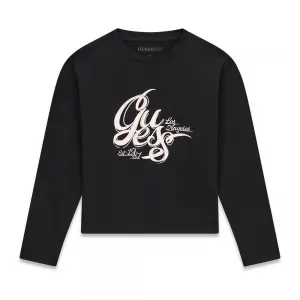 Детска блуза Guess в черно с релефно арт лого
