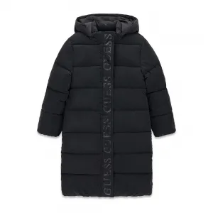 Дълго детско зимно яке в черно с качулка и лого лента Guess