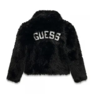Луксозно детско палто от еко косъм Guess с обемна яка в класически черен цвят
