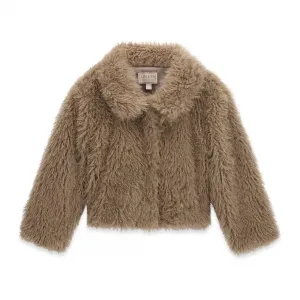 Детско палто от еко козина GUESS с ревери в топъл кафяво-бежов цвят
