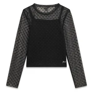 Черна блуза от тюл на точки с топ Guess
