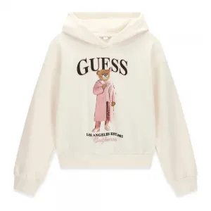 Детски памучен суичър Guess с качулка и мече в цвят екрю