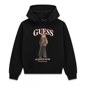 Детски памучен суичър Guess с качулка и принт мече в класически черен цвят