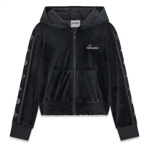 Черен кадифен спортен суичър с качулка и кристали Guess