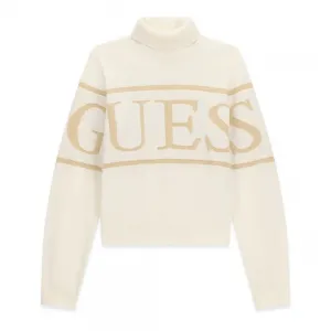 Детски плетен пуловер с висока поло яка Guess в цвят екрю със златно лого