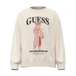 Детски плетен пуловер Guess с мотив мече в цвят екрю