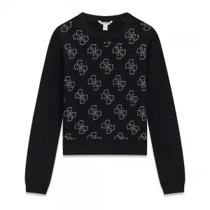 Фино плетена черна блуза с кристални лога Guess