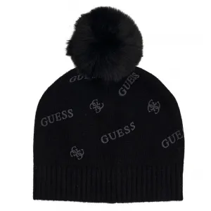 Детска черна зимна шапка с помпон и лога Guess