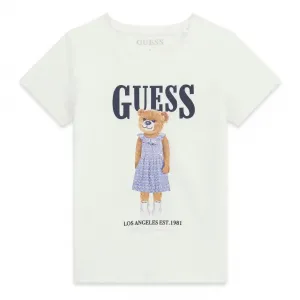 Бяла тениска за момиче с цветно мече и син надпис Guess