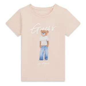 Бледо розова тениска за момиче с цветно мече и бял надпис Guess