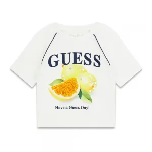 Бяла тениска за момиче с щампа лимони и надпис Guess