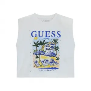 Бяла Oversize тениска за момиче с цветна щампа и кристали Guess