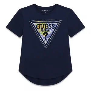 Тъмносиня асиметрична свободна тениска за момиче с цветно лого Guess