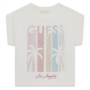 Тениска в бял цвят за момиче с цветни камъни Guess