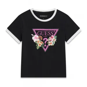 Черна тениска с бели детайли за момиче с цветя и кристали Guess