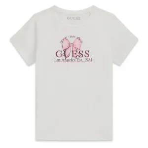 Тениска в бял цвят за момиче с розова панделка Guess