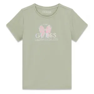 Тениска в зелен цвят за момиче с розова панделка Guess