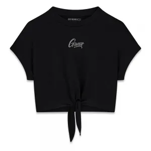 Къса черна тениска за момиче с възел и надпис Guess от кристали