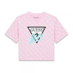 Розова тениска с бели лога за момиче и с лого Guess Love