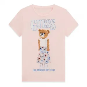 Светло розова тениска за момиче с цветно мече Guess