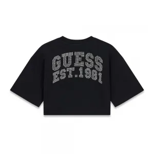 Черна къса тениска за момиче с камъни и кристали Guess