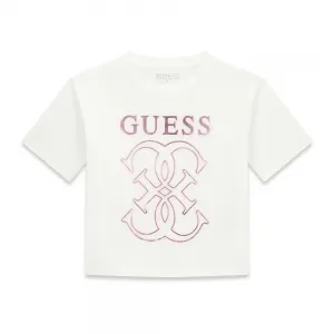 Бяла свободна тениска за момиче с розово лого Guess