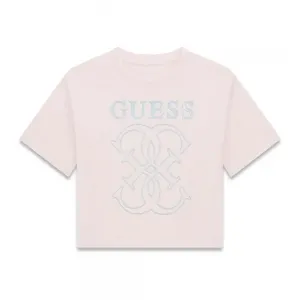 Розова свободна тениска за момиче със сребристо лого Guess