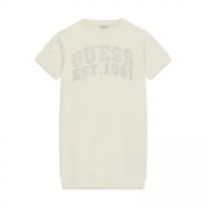 Памучна рокля къс ръкав за момиче в мръсно бяло с надпис Guess от кристали 