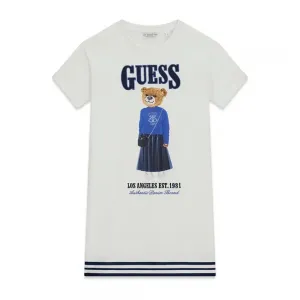 Бяла рокля с къс ръкав за момиче със сини детайли и цветно мече Guess