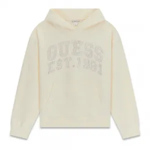 Суичър без цип за момиче с цвят сметана с кристален надпис Guess
