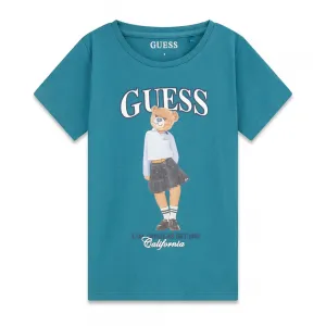 Синьо-зелена тениска за момиче с цветно мече и бял надпис Guess