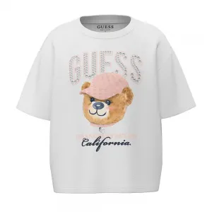Бяла къса тениска за момиче с кристален надпис Guess и сладко мече