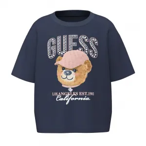 Тъмносиня къса тениска за момиче с кристален надпис Guess и сладко мече