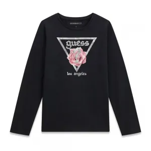 Ефектна черна детска блуза Guess с дълъг ръкав и флорален принт