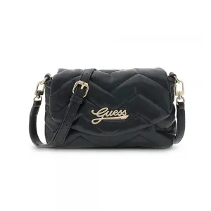 Черна кожена чанта през рамо за момиче с капаче и златист надпис Guess