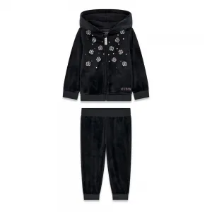 Детски черен кадифен спортен комплект с рози и кристали Guess