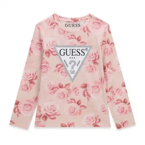 Детска розова блуза на рози с голямо триъгълно лого Guess