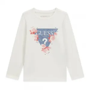 Детска памучна блуза Guess с бляскаво триъгълно лого и нежни рози