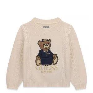 Детски плетен пуловер GUESS с плитки и луксозна бродерия с мече в цвят екрю