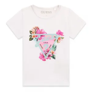 Бяла тениска за мини момиче със синьо лого Guess и цветя