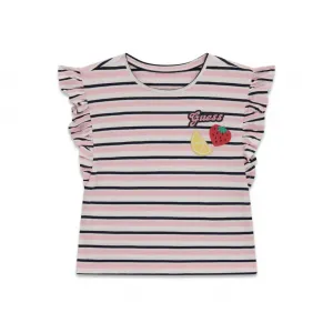 Раирана тениска в розово, бяло и черно за мини момиче с къдрички Guess