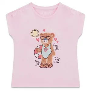 Розова тениска за мини момиче с цветно мече и бял надпис Guess