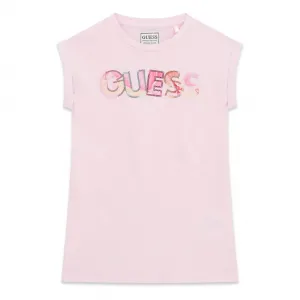 Памучна розова рокля за мини момиче с надпис Guess с пайети