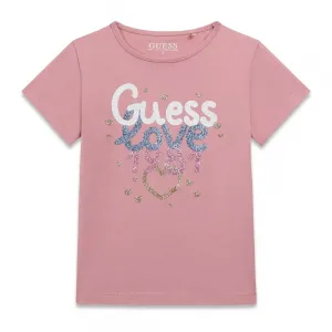 Тениска в тъмно розов цвят за мини момиче Guess Love с глитери