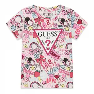 Тениска комикси за мини момиче с розово лого Guess